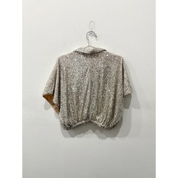 NWT AaKaa Sequin Plunging Wrap V-Neck Cropped Blouse Champagne Women's Medium - Picture 2 of 5